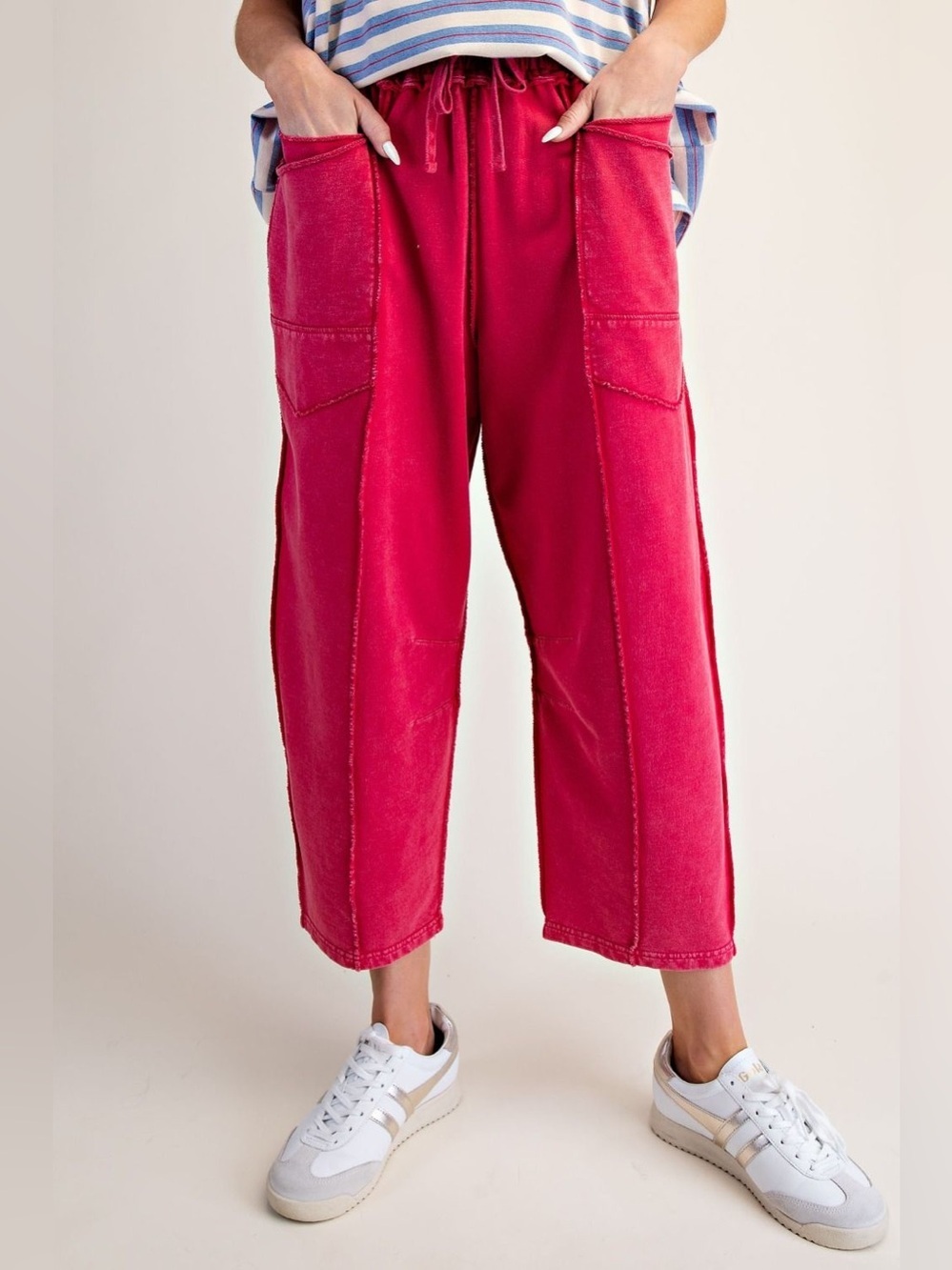 Easel Eryn Mineral Washed Terry Knit Barrel Leg Pants Red size large